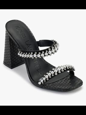 Karl Lagerfeld Rayan Black Pearl-Embellished Block Heel Sandals 8.5
